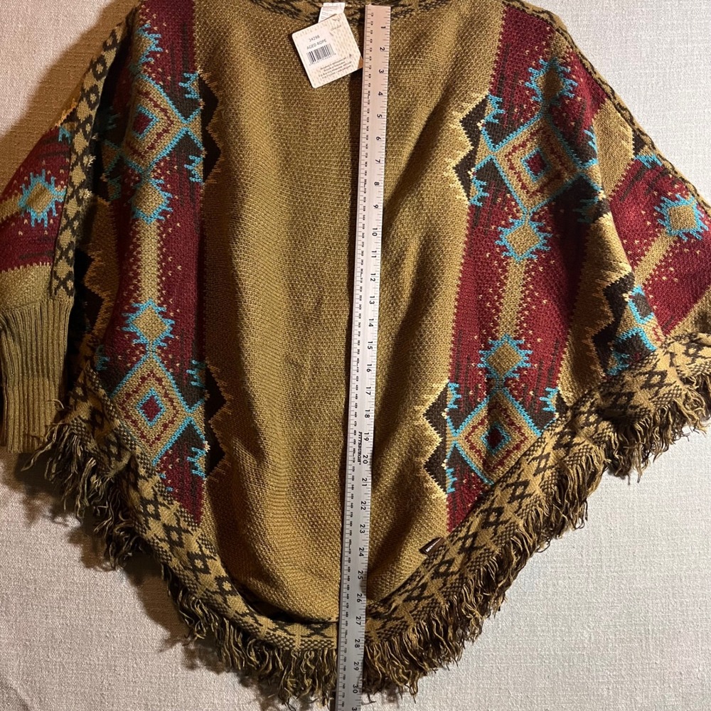 New Womens Aztec Fringe Poncho Western Boho Sweater Cape One Size Aged Rope - Picture 7 of 9